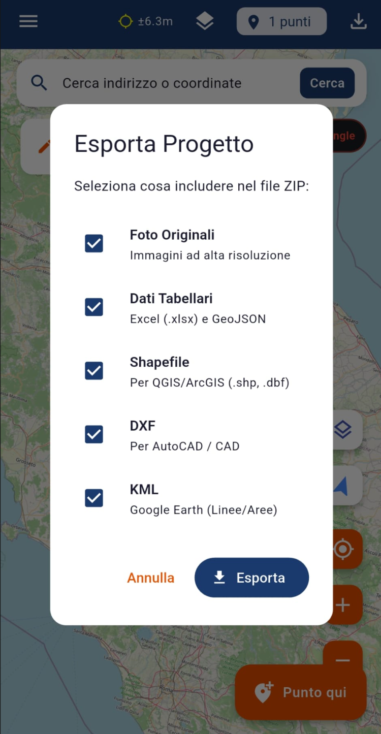 Finestra popup esportazione formati file